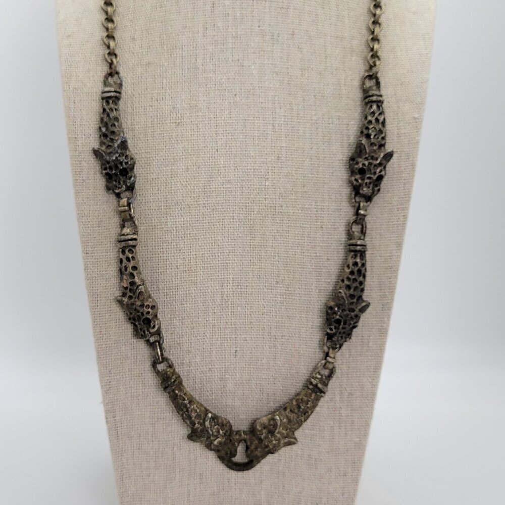 Vintage Oxidized Metal Leopard Link Chain Necklace Brutalist Statement 24 Inch